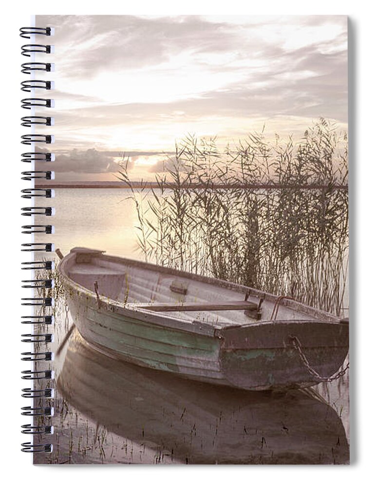 Boats Spiral Notebook featuring the photograph Wooden Rowboat at Soft Sunset by Debra and Dave Vanderlaan