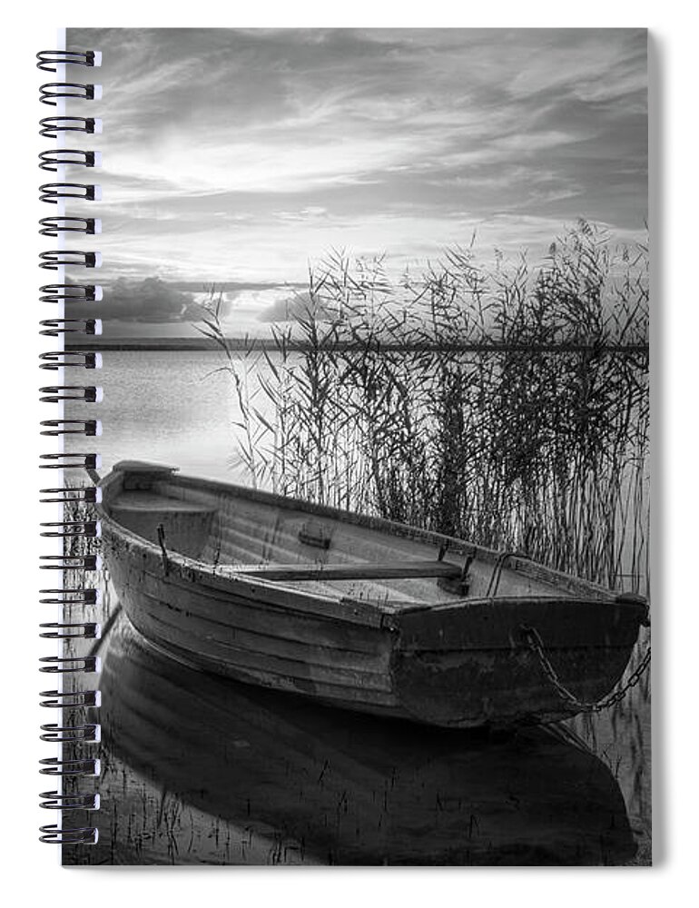 Boats Spiral Notebook featuring the photograph Wooden Rowboat at Sunset Black and White by Debra and Dave Vanderlaan