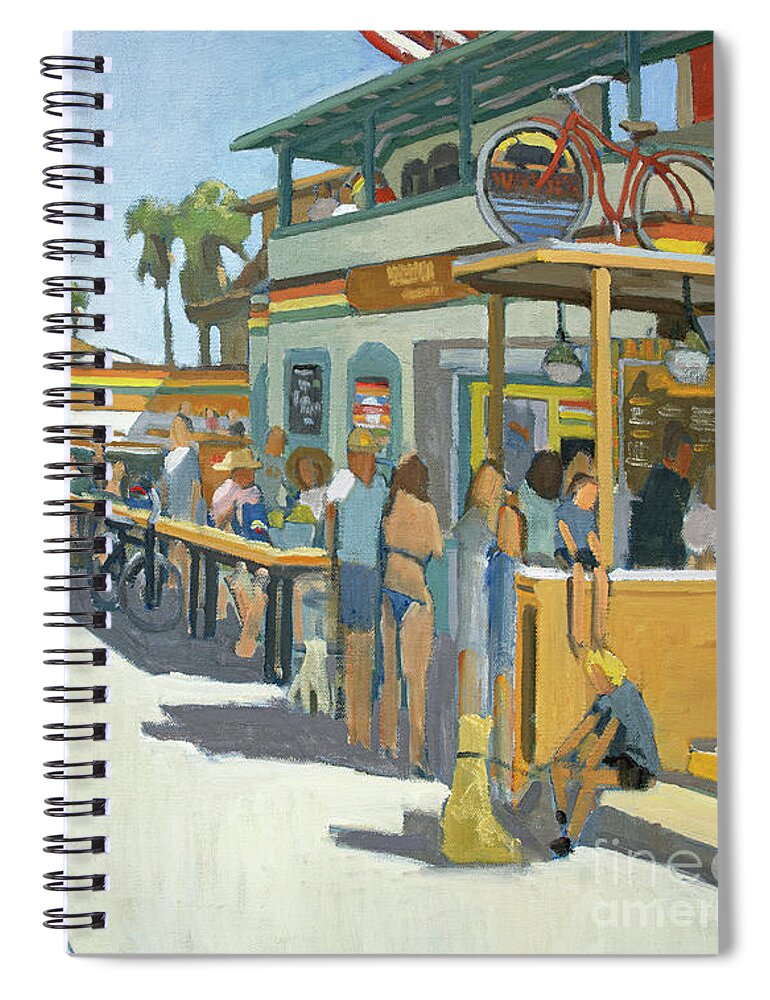 Woodys Spiral Notebook featuring the painting Woody's Breakfast and Burgers - Pacific Beach, San Diego, California by Paul Strahm