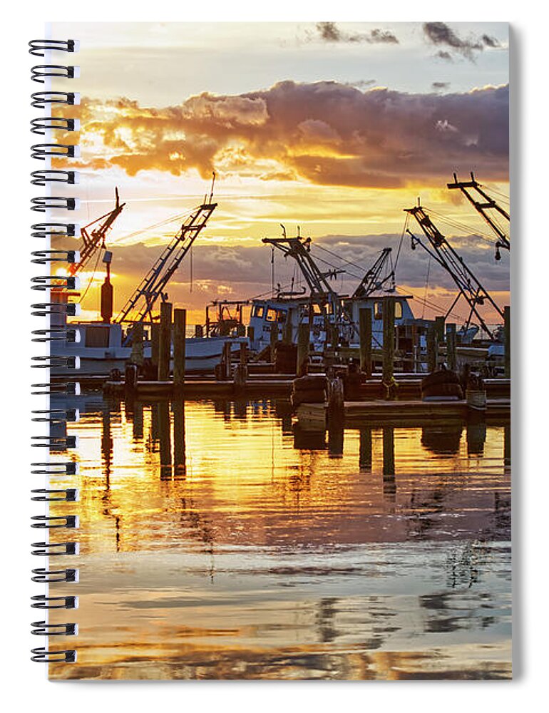 Sunrise Spiral Notebook featuring the photograph Workboats on Silver and Gold by Ty Husak