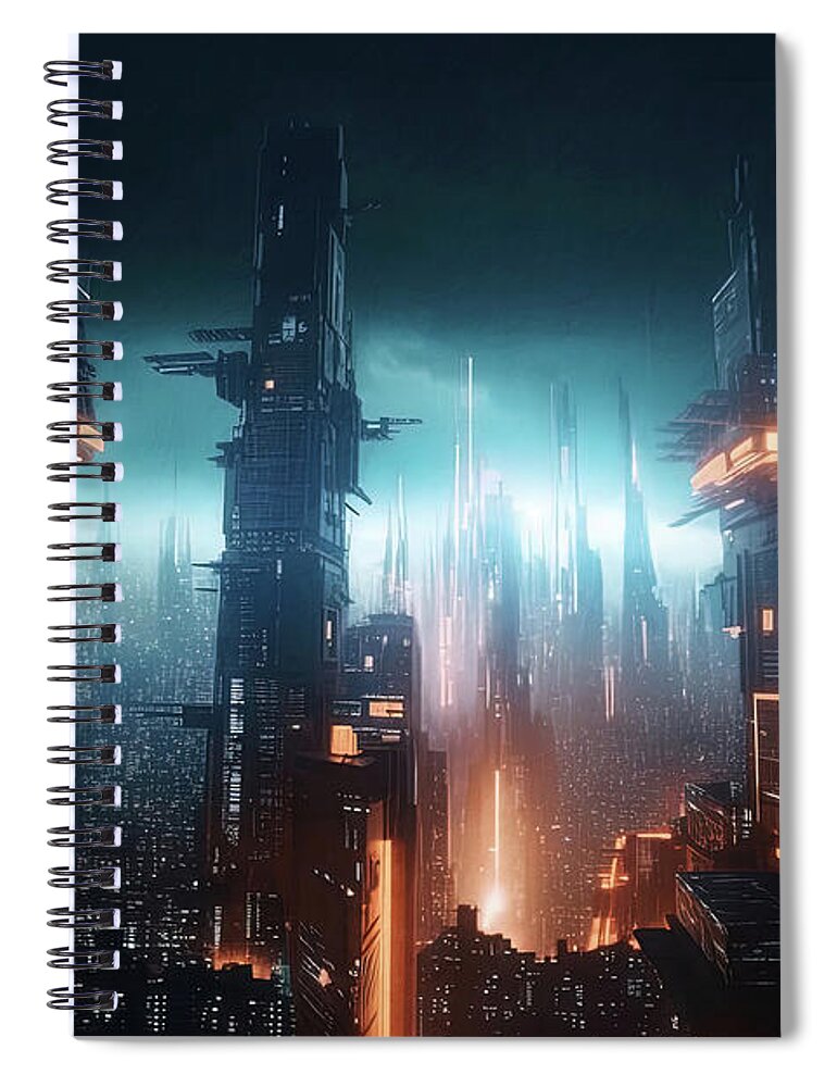Cyberpunk Spiral Notebook featuring the painting World of Tomorrow, 18 by AM FineArtPrints