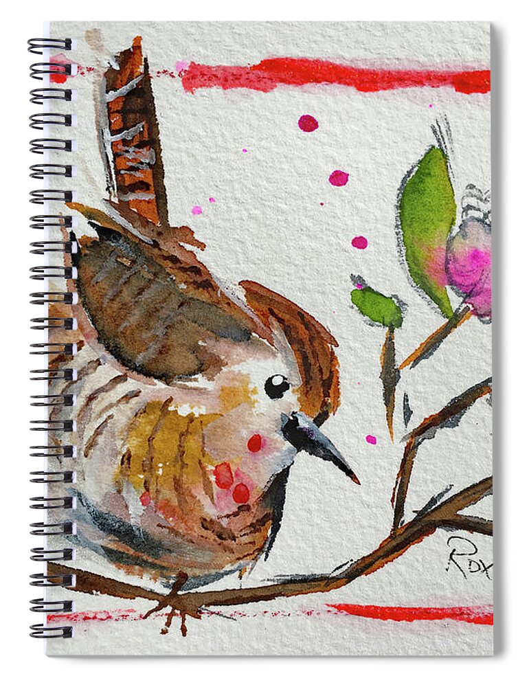 Wren Bird Spiral Notebook featuring the painting Wren in a Cherry Blossom Tree by Roxy Rich