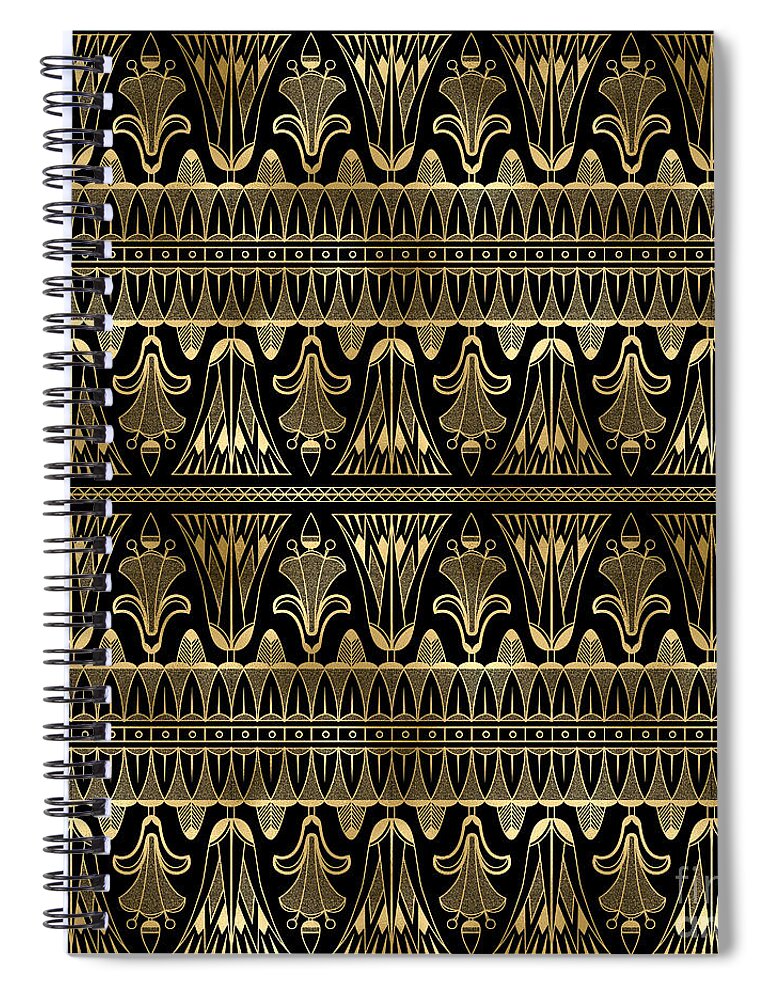 Art Spiral Notebook featuring the digital art Yamkhana - Gold Black Art Deco Seamless Pattern by Sambel Pedes