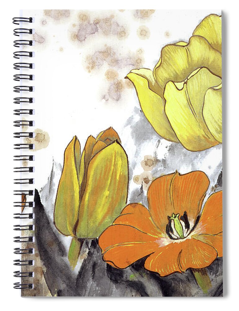 Wang Zhenhua Spiral Notebook featuring the painting Yellow And Orange Tulips by Wang Zhenhua