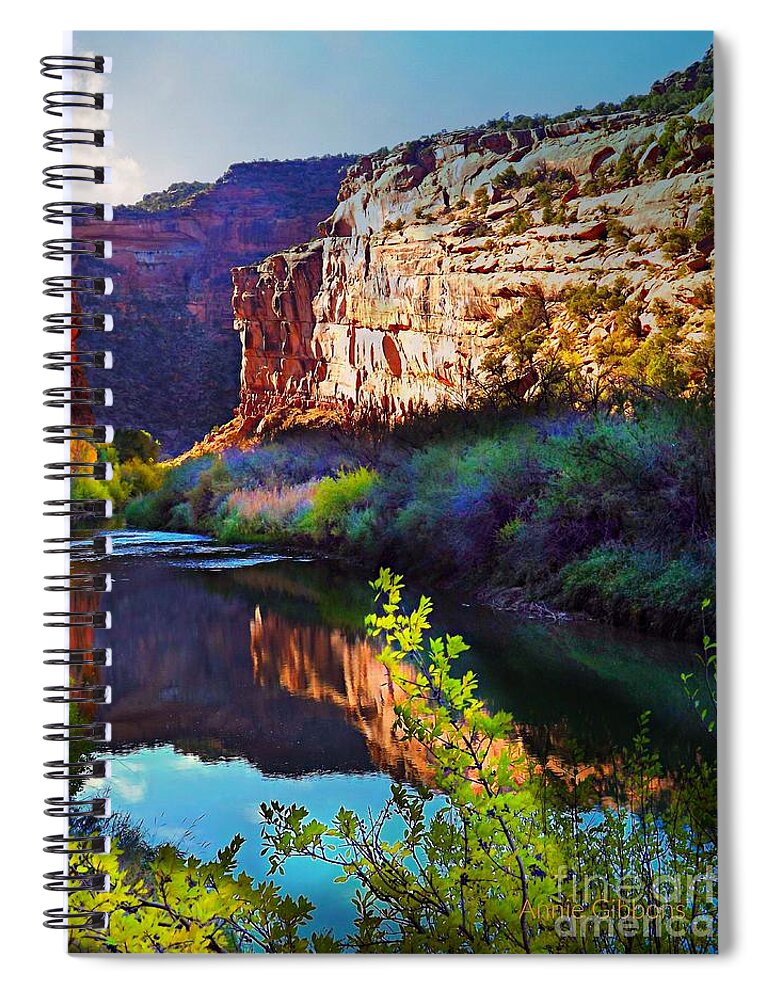 Gorgeous Deep Colors Along The Dolores River Canyon In The Fall Purples Blues Tans Greens Pink Teal Yellow Spiral Notebook featuring the digital art Yellow green Leave over the River by Annie Gibbons