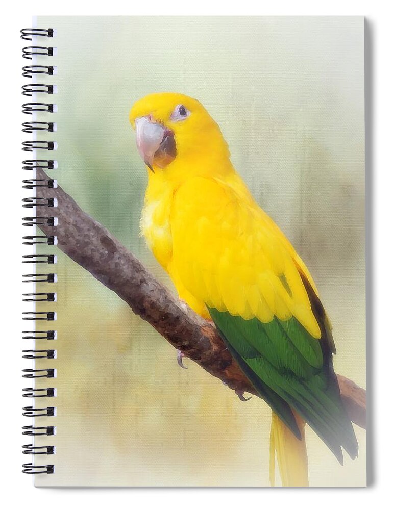 Bird Spiral Notebook featuring the mixed media Yellow Green Parrot Bird 83 by Lucie Dumas