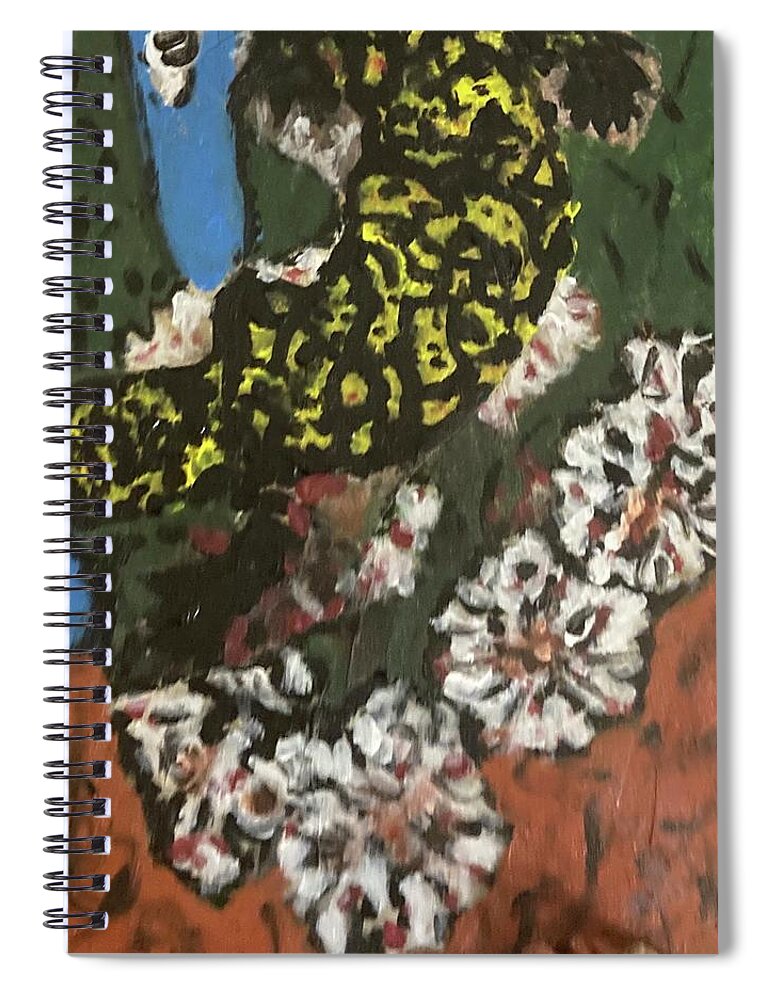 Paintings Of Lizards Spiral Notebook featuring the mixed media Yellow lizard Cactus Flowers by Bencasso Barnesquiat