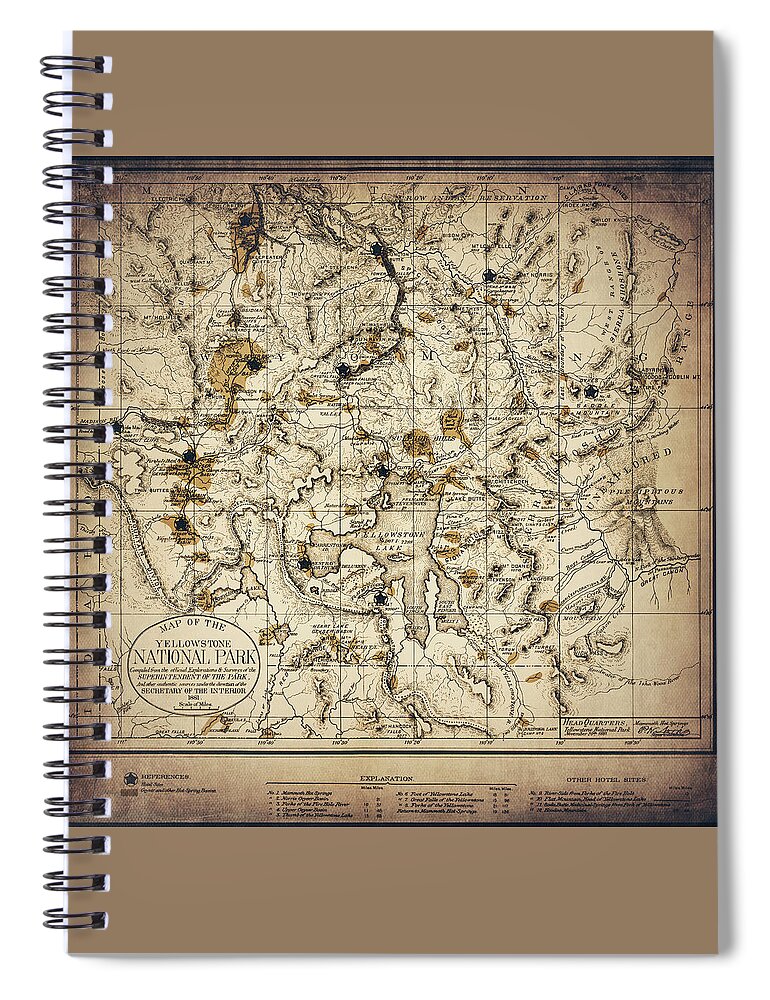 Yellowstone Spiral Notebook featuring the photograph Yellowstone National Park Vintage Map 1881 Sepia by Carol Japp