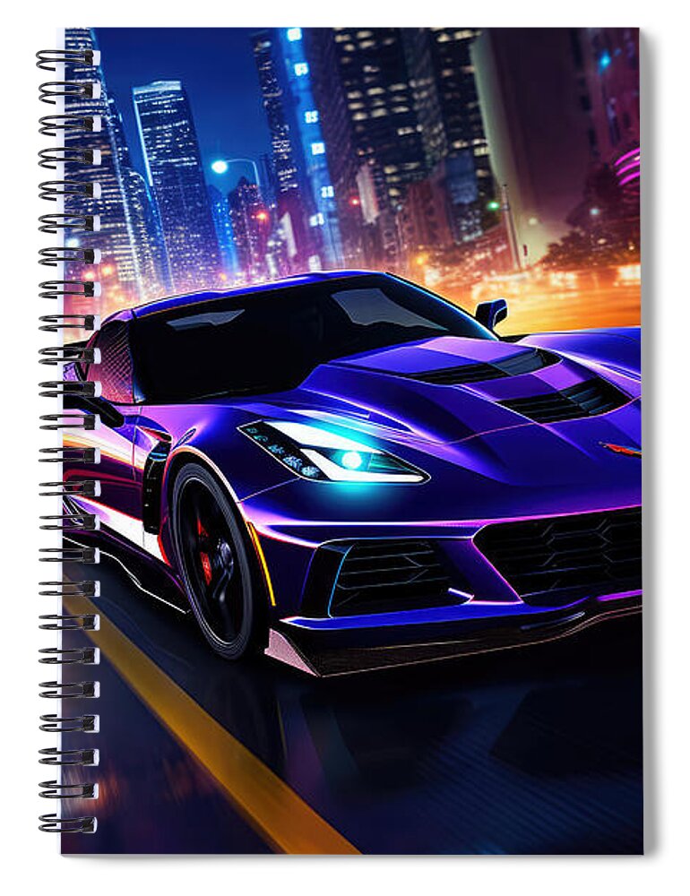 Zr1 Spiral Notebook featuring the painting ZR1's Neon Adventure Through Colorful Motion by Lourry Legarde
