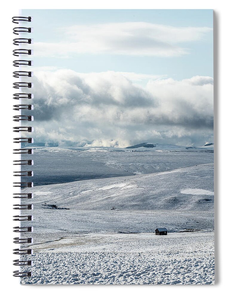 Outdoor; Zumwalt; Spring; Snow Storm; Barn; Joseph; Oregon; Zumwalt Prairie Spiral Notebook featuring the digital art Zumwalt Prairie under Snow by Michael Lee