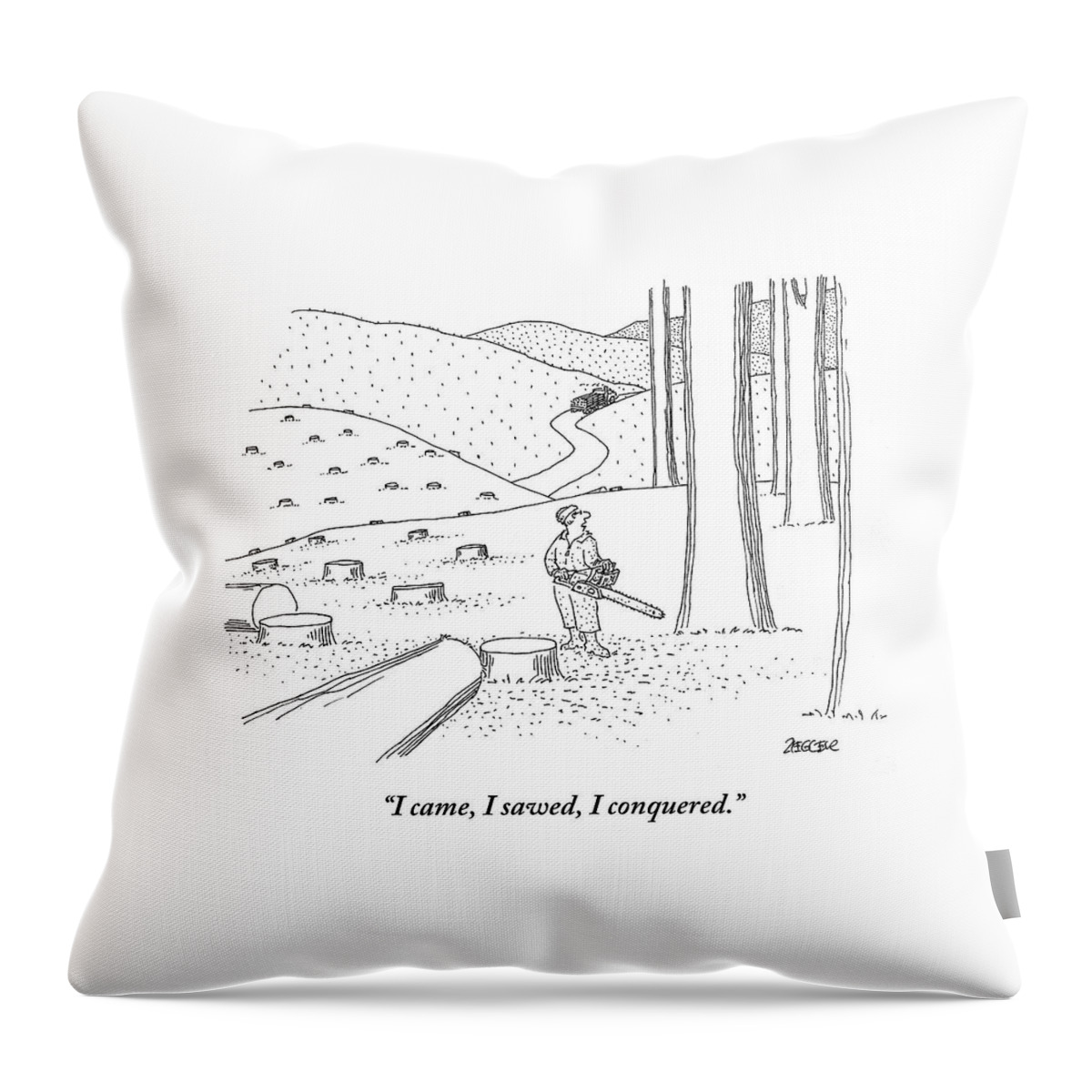 A Lumberjack Stands In A Forest. Half Throw Pillow