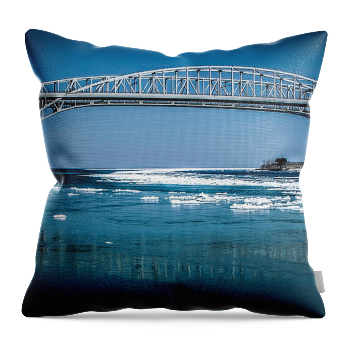 Ice Throw Pillow featuring the photograph Blue Water Bridges with reflection and Ice Flow by Ronald Grogan