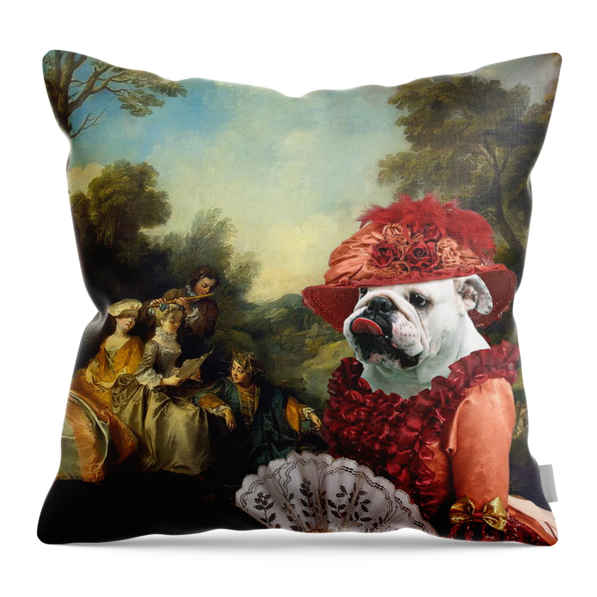 English Bulldog Throw Pillow featuring the painting English Bulldog Art Canvas Print - Concert in the Park by Sandra Sij