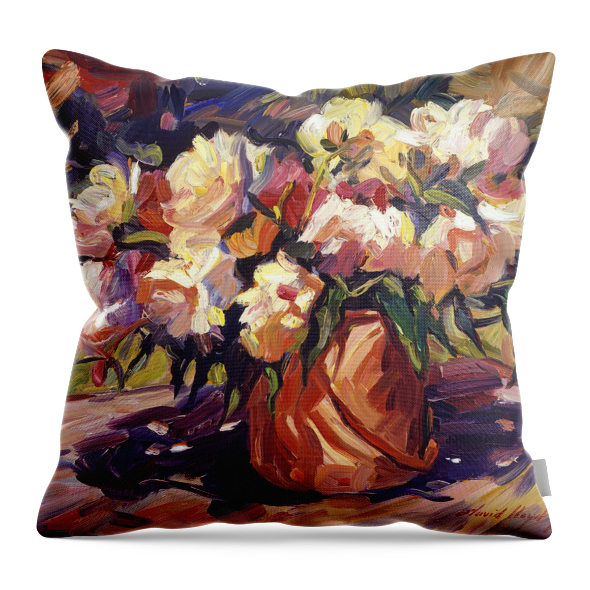 Still Life Throw Pillow featuring the painting Flower Bucket by David Lloyd Glover