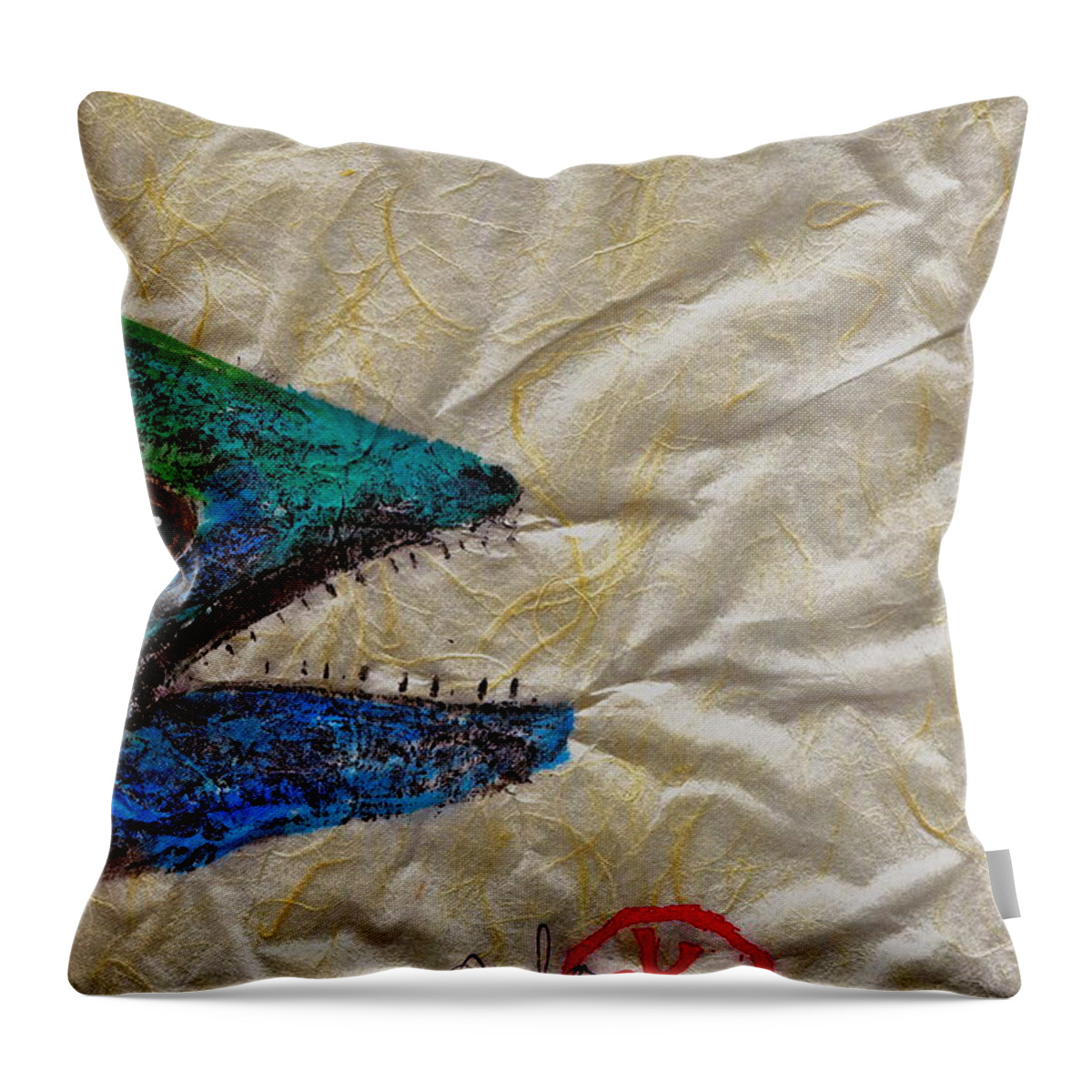 Spanish Mackerel Throw Pillow featuring the mixed media Gyotaku - Spanish Mackerel Head by Jeffrey Canha