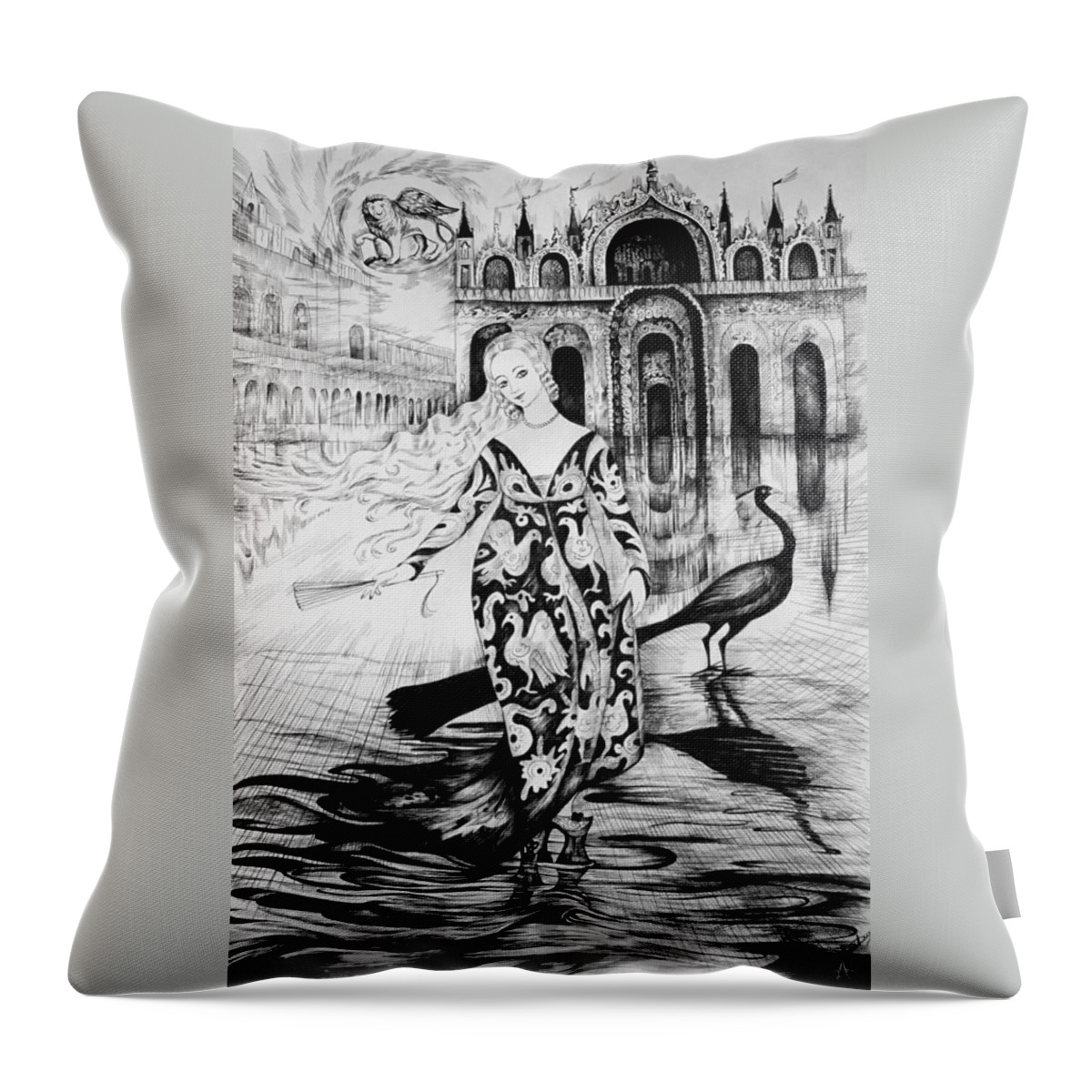 Pen And Ink Throw Pillow featuring the drawing Italian Fantasies.Venice. Acqua alta by Anna Duyunova