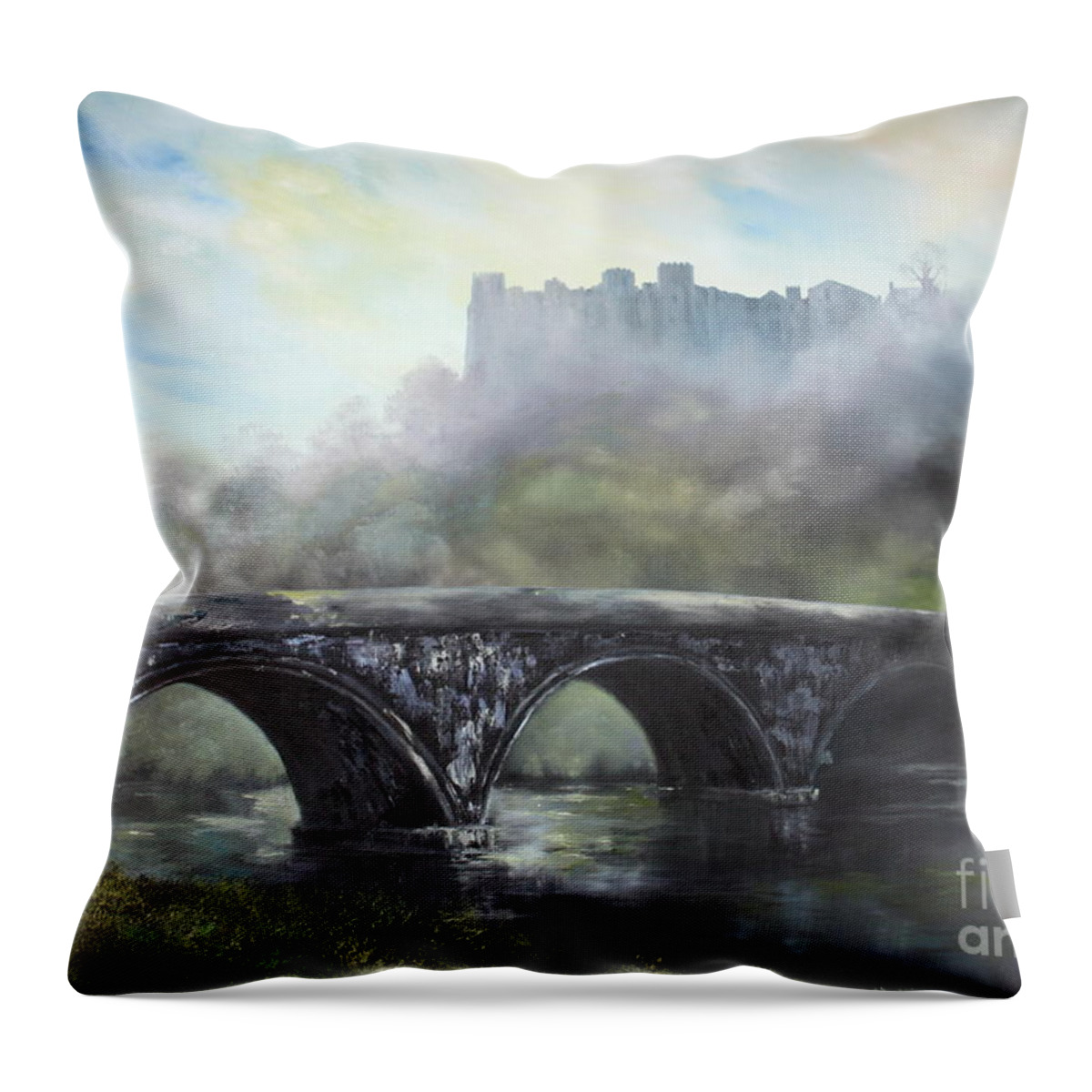 Ludlow Castle Throw Pillow featuring the painting Ludlow Castle in a Mist by Jean Walker
