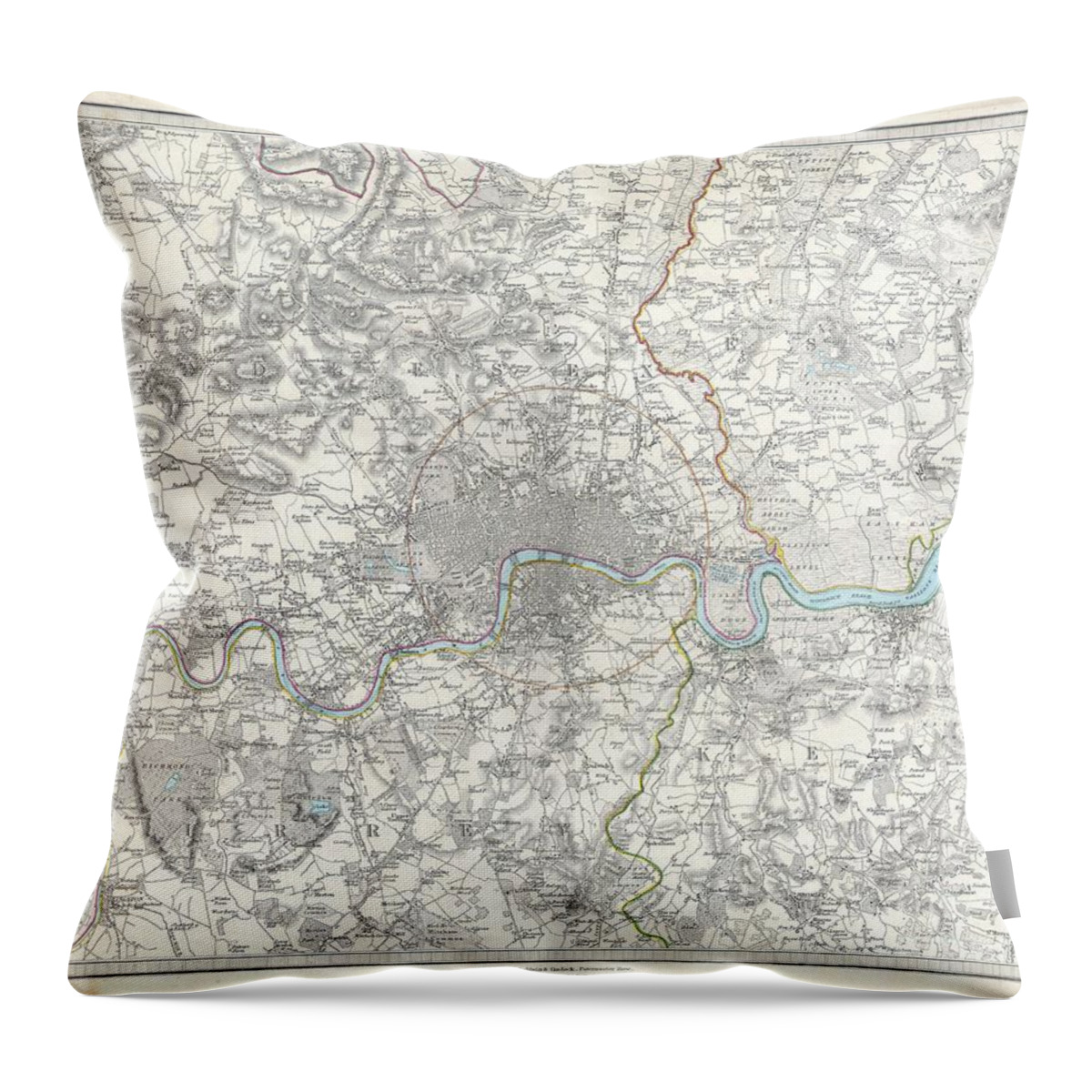 A Difficult To Find Map Of The Vicinity Of London Throw Pillow featuring the photograph Map of London and Environs by Paul Fearn