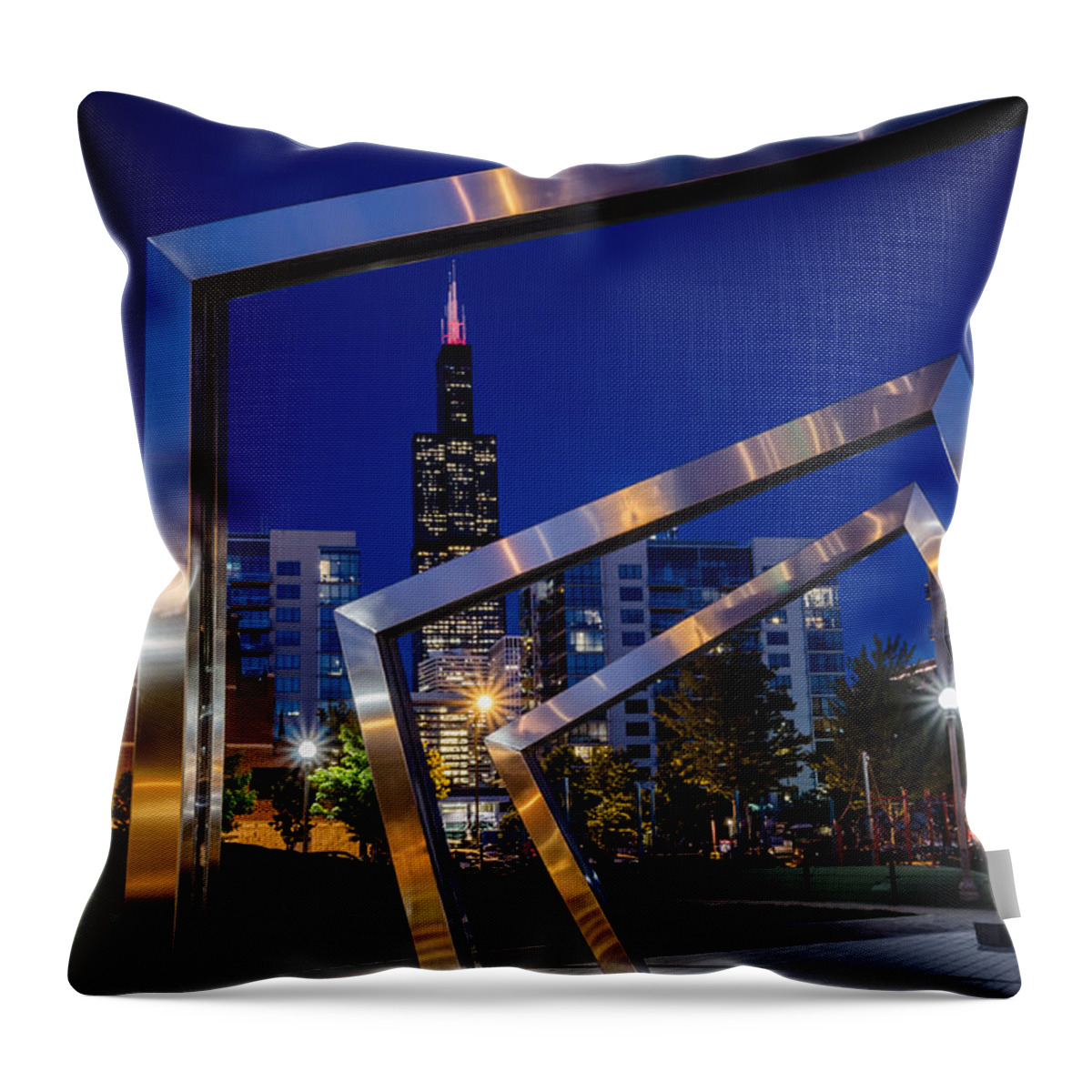 Adams Throw Pillow featuring the photograph Mary Bartelme Park and the Willis Tower at Night by Anthony Doudt