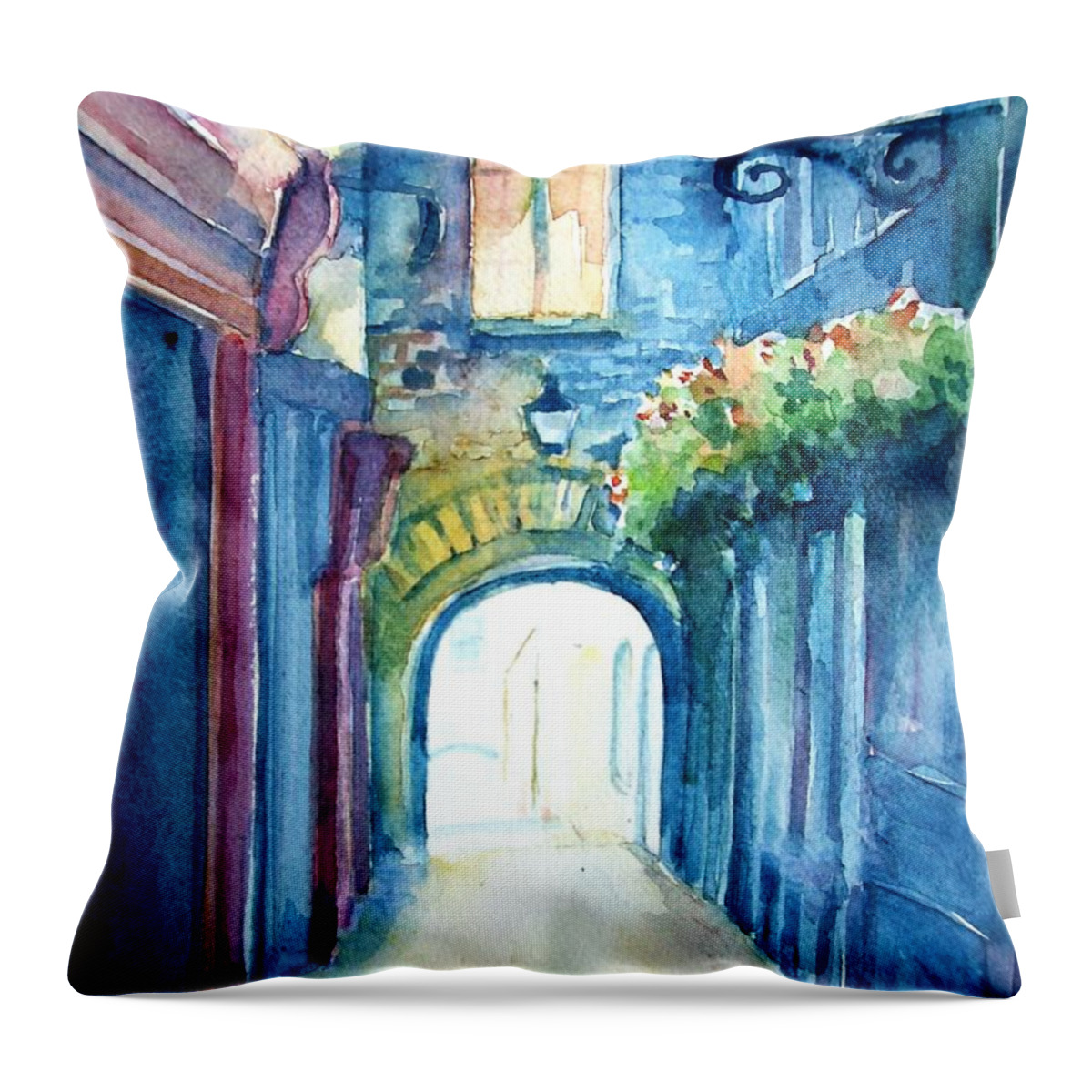 Watercolour Throw Pillow featuring the painting The Butter Slip Medieval Archway Kilkenny City by Trudi Doyle