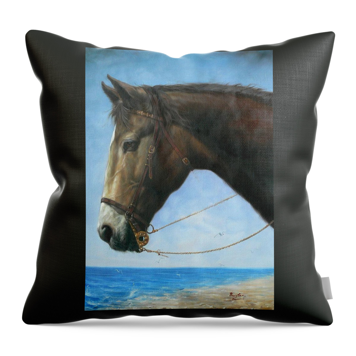 Original Throw Pillow featuring the painting Original Animal Oil Painting Art-horse-04 by Hongtao Huang