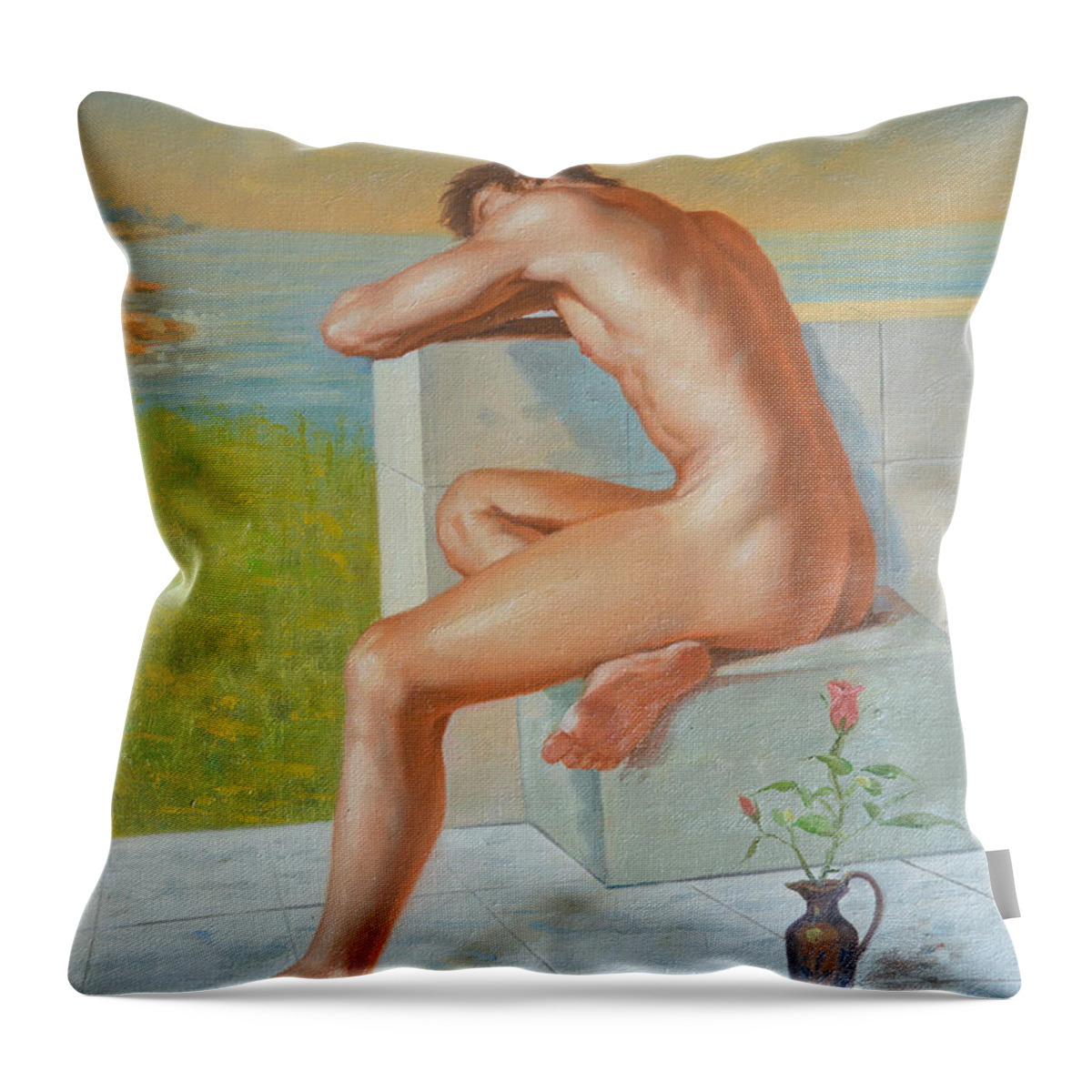 Original Throw Pillow featuring the painting Original Classic Oil Painting Man Body Art Male Nude And Vase #16-2-4-09 by Hongtao Huang