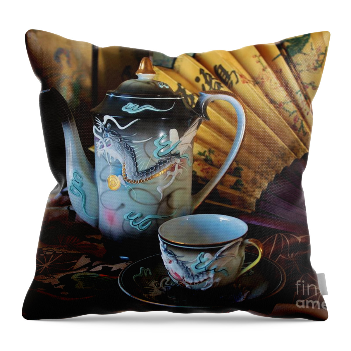 Tea Set Throw Pillow featuring the photograph Tea and Calligraphy by Marcia Breznay