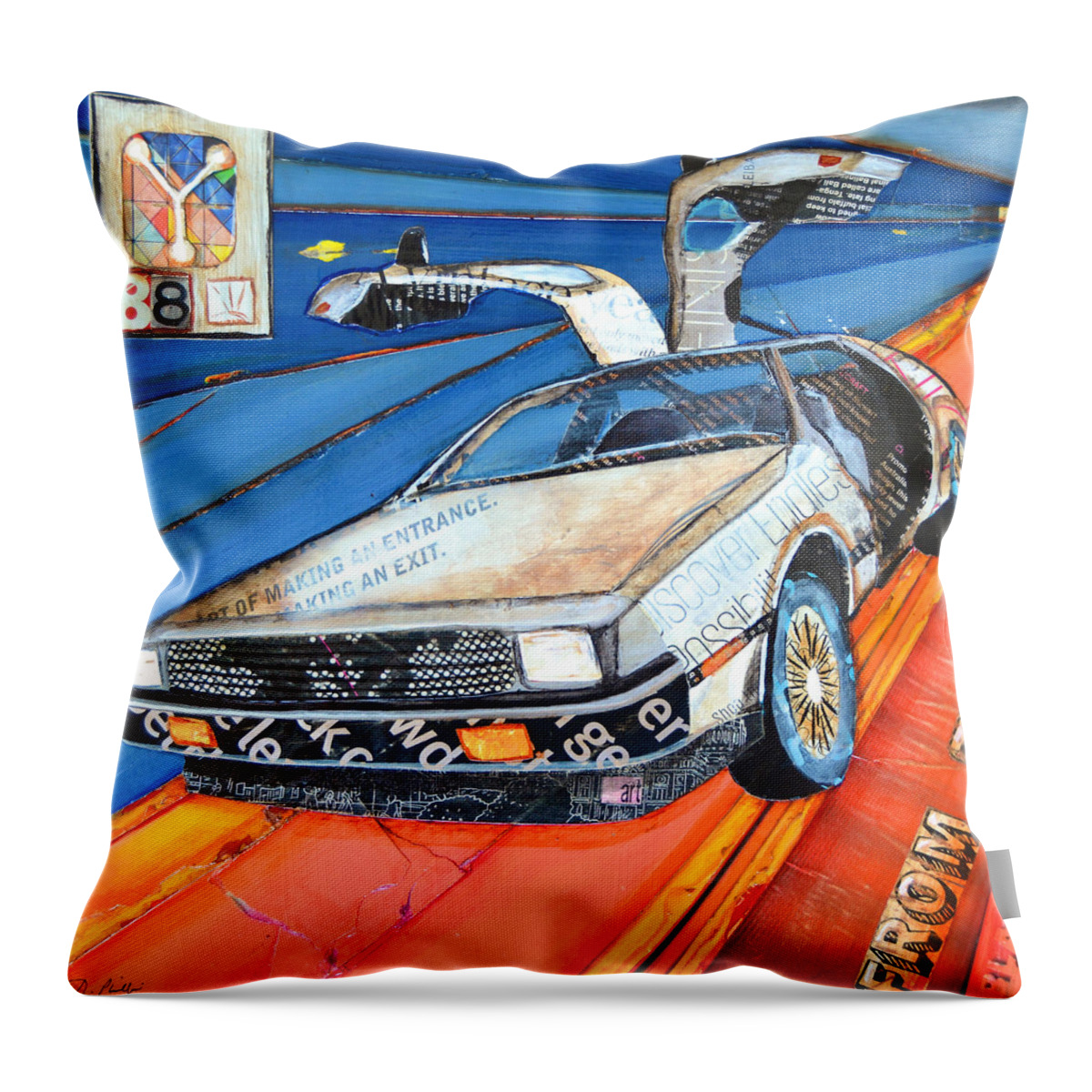 Back To The Future Throw Pillow featuring the mixed media We Don't Need Roads by Danny Phillips
