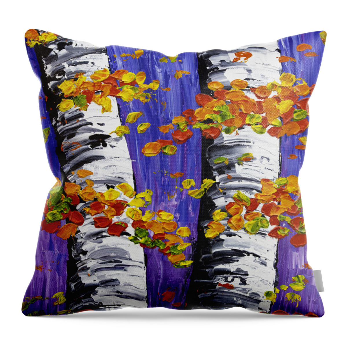 White Throw Pillow featuring the painting White Birch Trees In Fall on Purple Background Painting by Keith Webber Jr