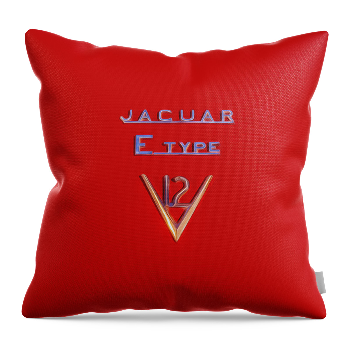 1975 Jaguar Xke Throw Pillow featuring the photograph 1975 Jaguar XKE V12 Hood Ornament Painted BW by Rich Franco