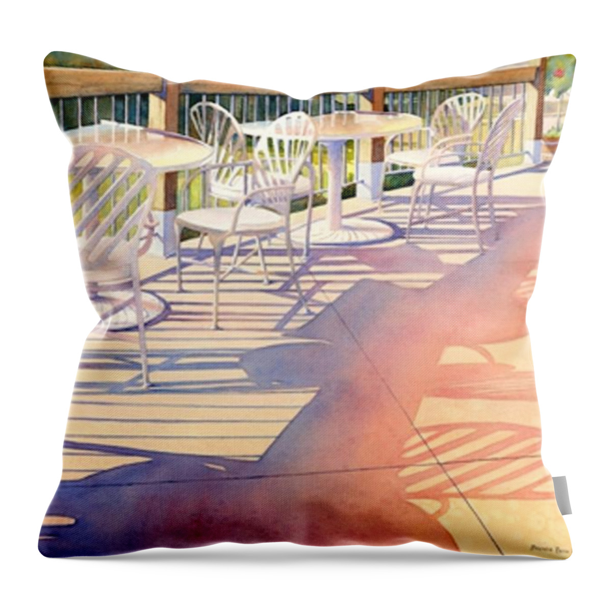 Patio Table And Chairs Throw Pillow featuring the painting Afternoon Shadows at Les Bourgeois by Brenda Beck Fisher