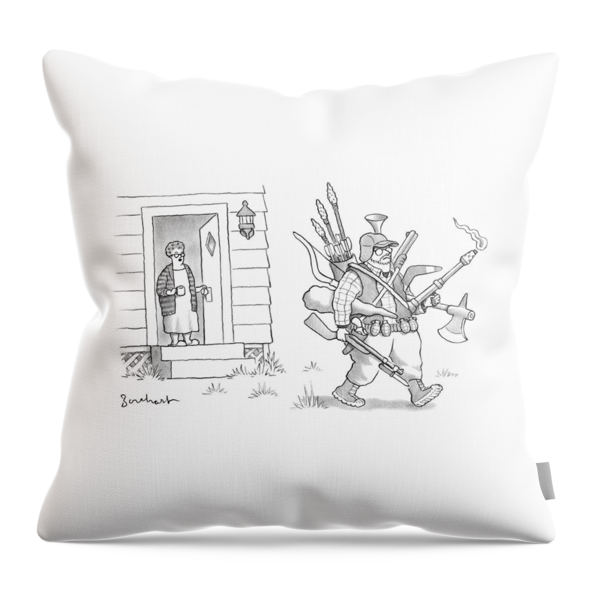An Elderly Woman Calls Out From The Front Door #1 Throw Pillow
