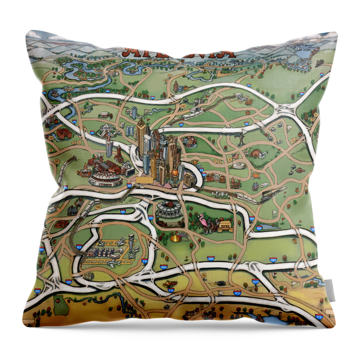 Atlanta Throw Pillow featuring the painting Atlanta Cartoon Map #1 by Kevin Middleton
