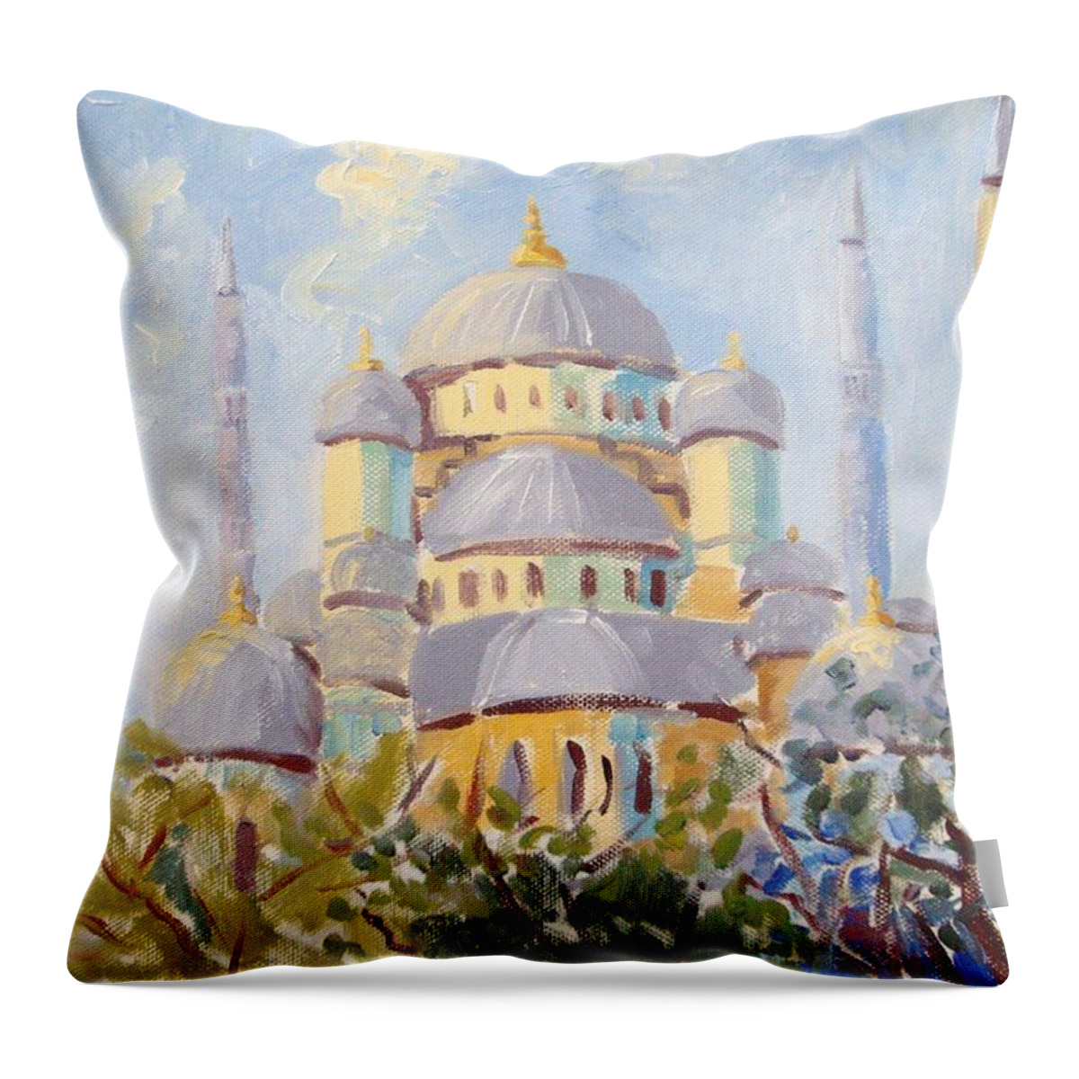  Cerulean Sky Throw Pillow featuring the painting Blue Mosque Istanbul by Elinor Fletcher