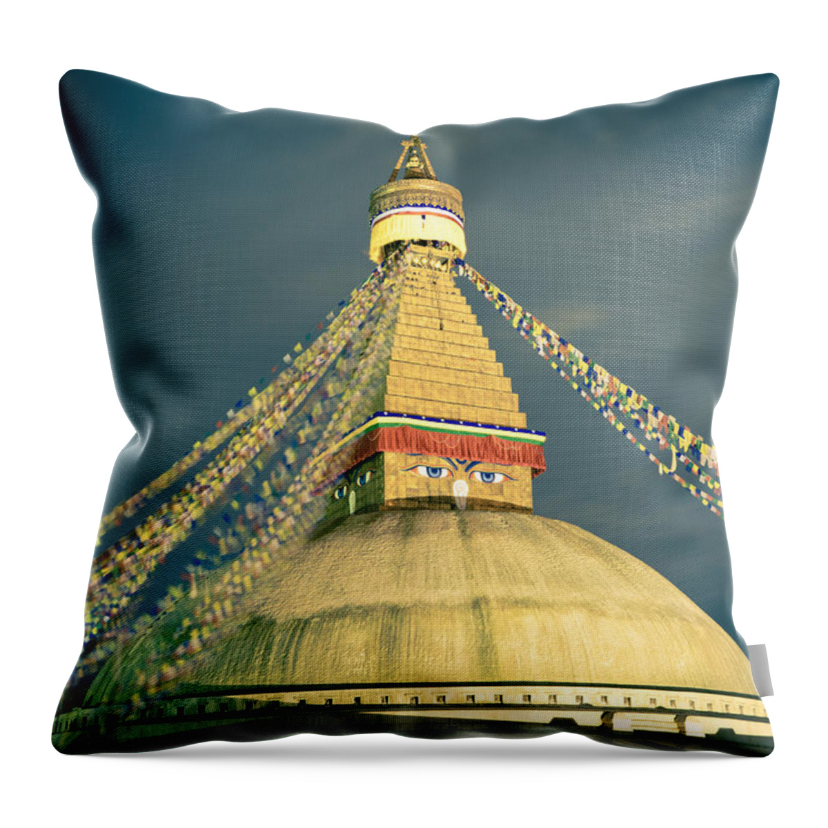 Wisdom Throw Pillow featuring the photograph Bodhnath Stupa at night in kathmandu #1 by Raimond Klavins