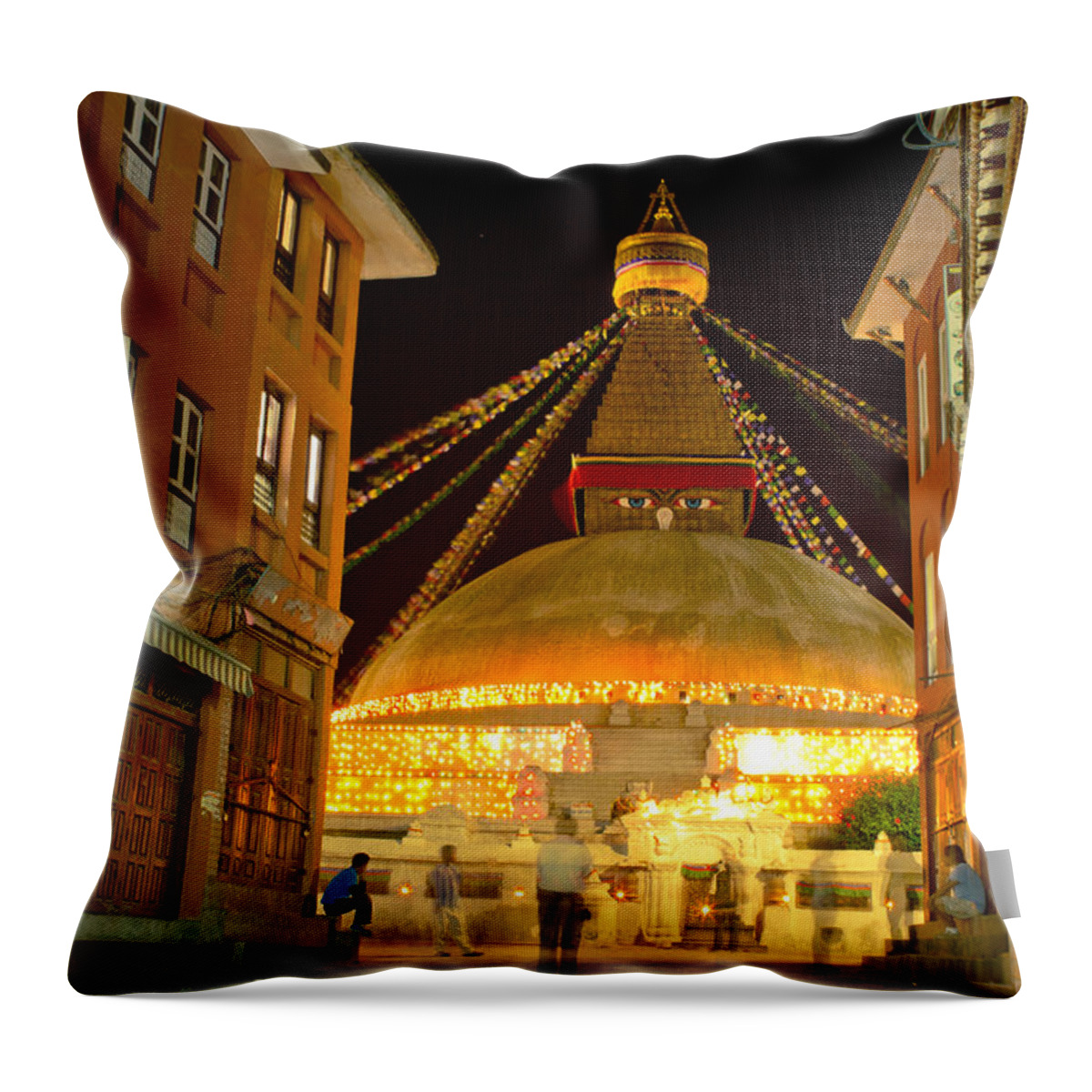 Horizontal Throw Pillow featuring the photograph Boudnath Stupa in Nepal at night #1 by Raimond Klavins