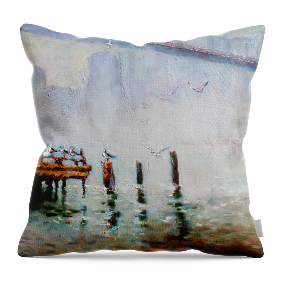 Brooklyn Bridge Throw Pillow featuring the painting Brooklyn Bridge in a Foggy Morning  #1 by Ylli Haruni