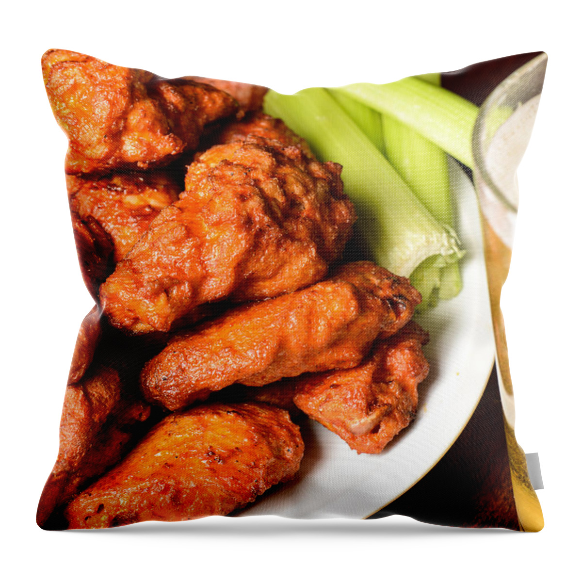 Beer Throw Pillow featuring the photograph Buffalo Wings with Celery Sticks and Beer #1 by Brandon Bourdages
