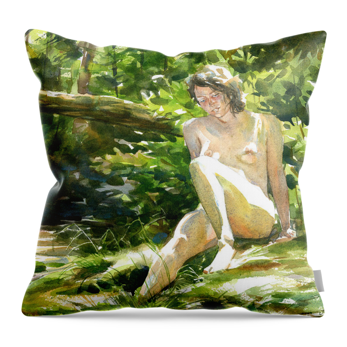Nude Throw Pillow featuring the painting By the Brook 3 #1 by Jeff Mathison