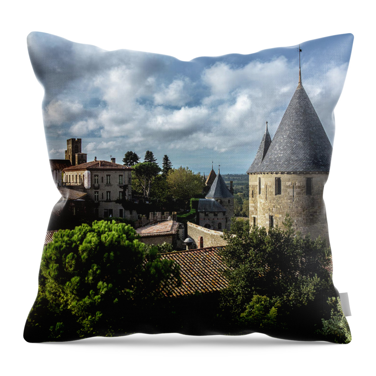 Treetop Throw Pillow featuring the photograph Carcassonne Medieval City Wall And #1 by Izzet Keribar