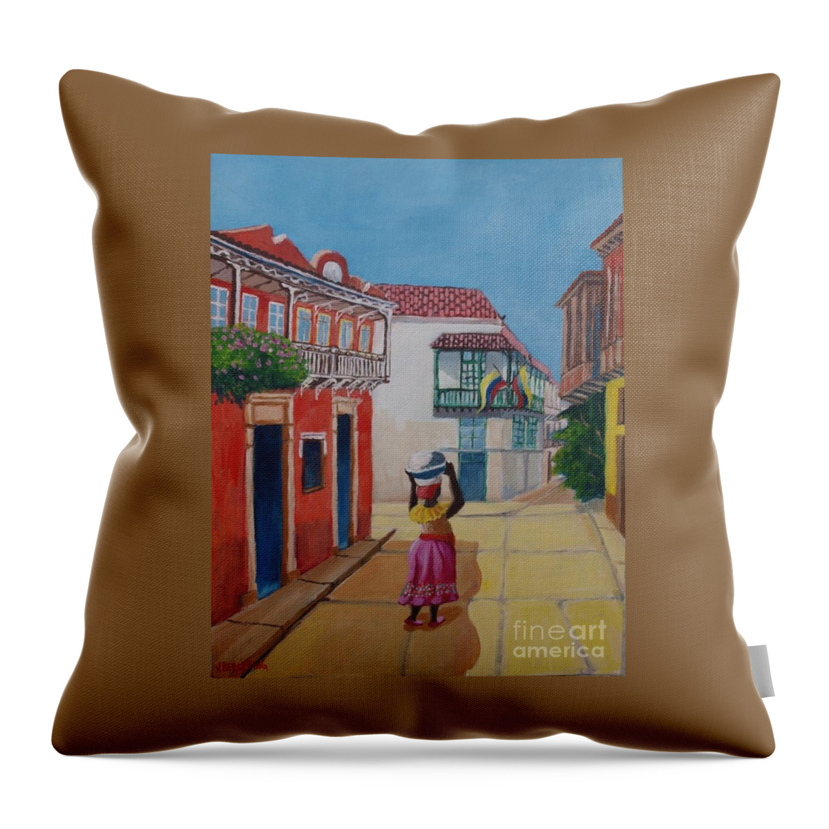 Creole Seller Throw Pillow featuring the painting Cartagena seller by Jean Pierre Bergoeing
