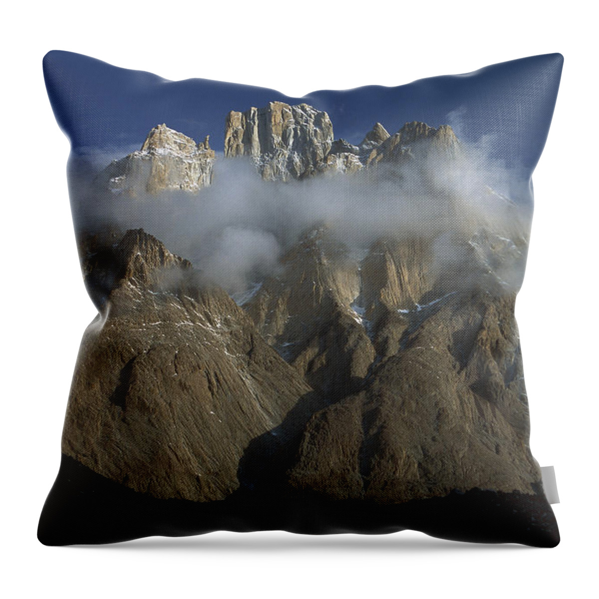 Feb0514 Throw Pillow featuring the photograph Cathedral Peaks At Dawn Pakistan #1 by Colin Monteath