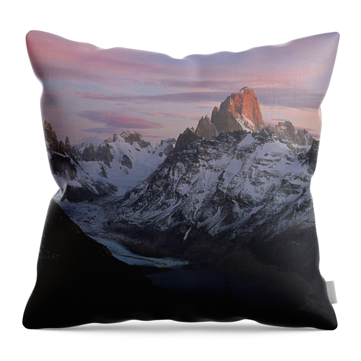 Feb0514 Throw Pillow featuring the photograph Cerro Torre And Fitzroy At Dawn #1 by Colin Monteath