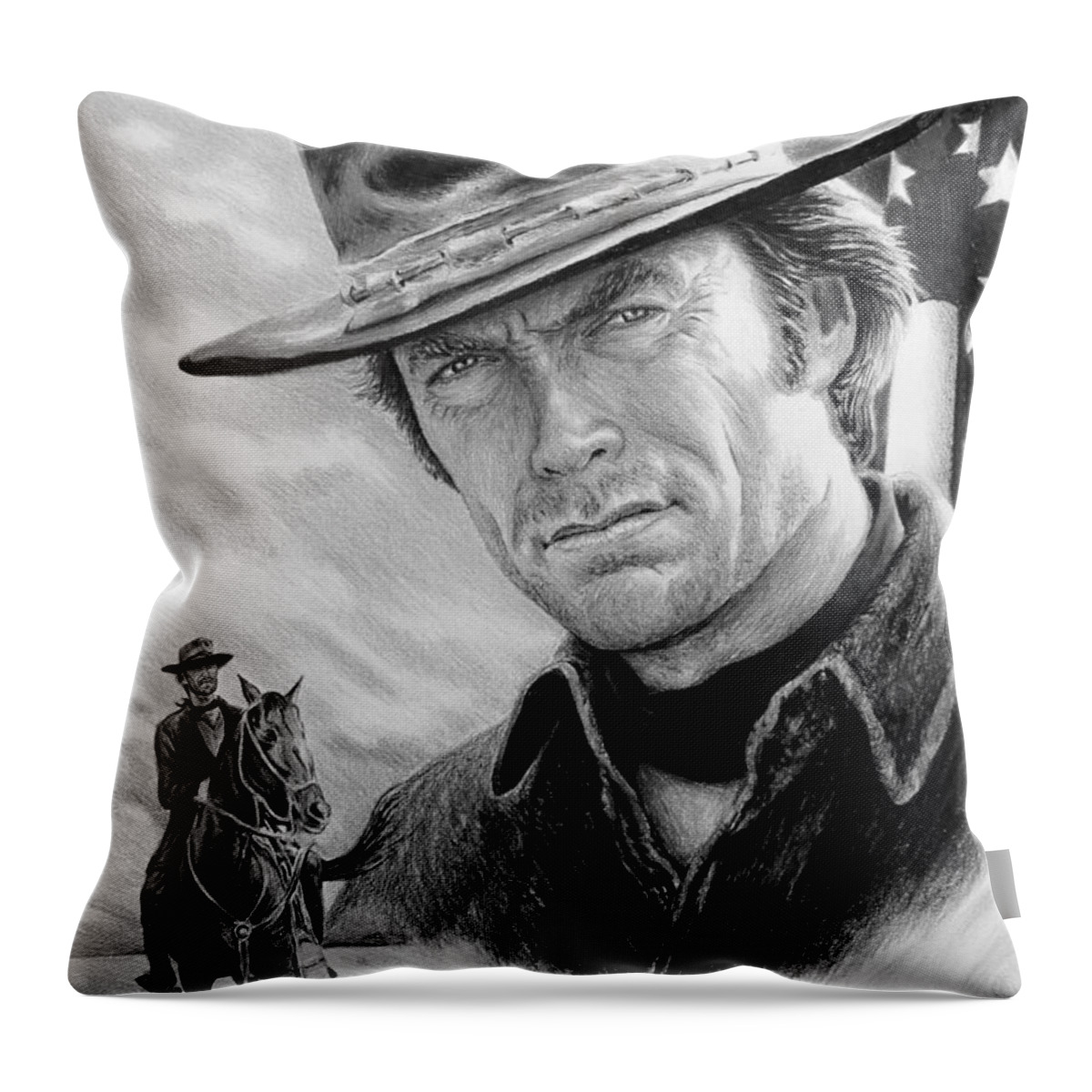 Clint Eastwood Throw Pillow featuring the drawing Clint Eastwood American Legend #1 by Andrew Read
