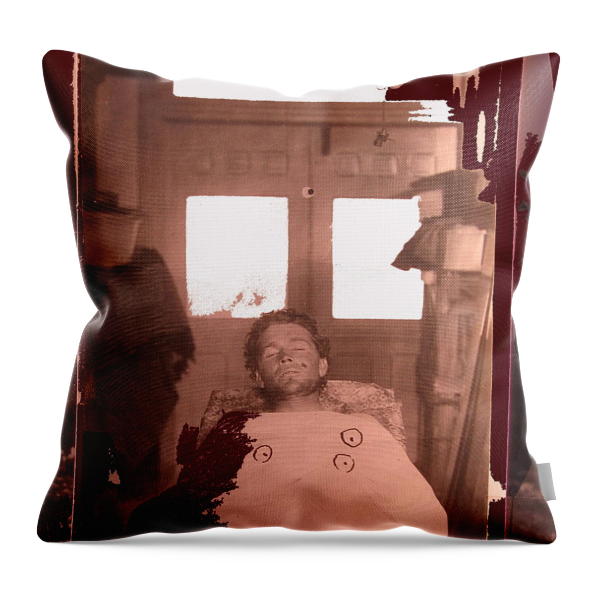 Corpse Bullet Holes Train Robber Cole Estes Aka Cole Young 1872-1896 Collage 1896-2012 Throw Pillow featuring the photograph Corpse Bullet Holes Train Robber Cole Estes Aka Cole Young 1872-1896 Collage 1896-2012 #2 by David Lee Guss