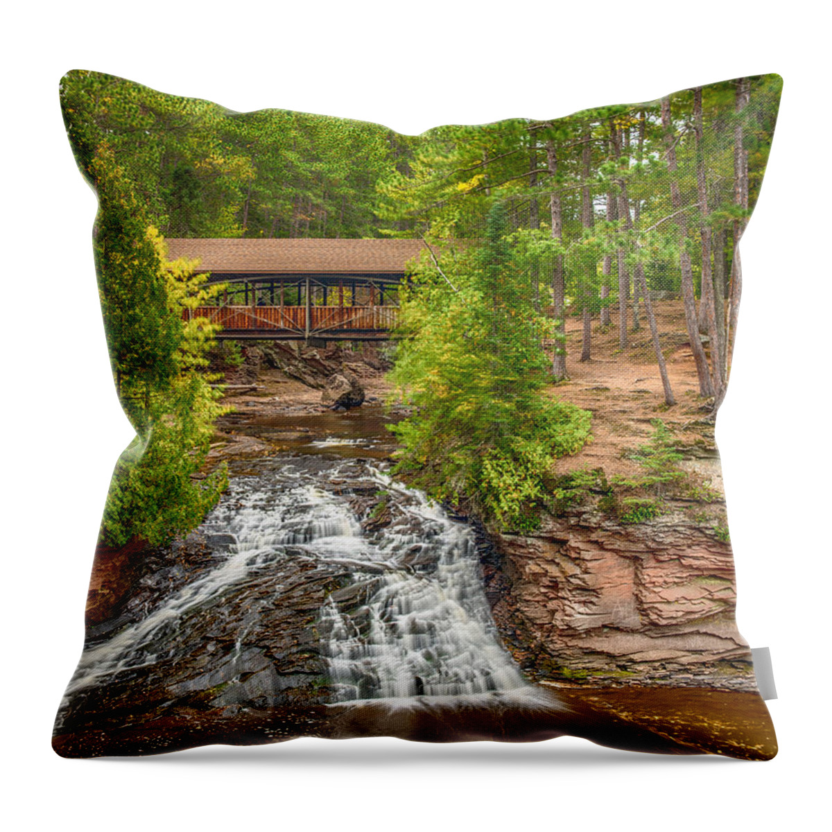Amnicon Falls State Park Throw Pillow featuring the photograph Covered Bridge #1 by Paul Freidlund