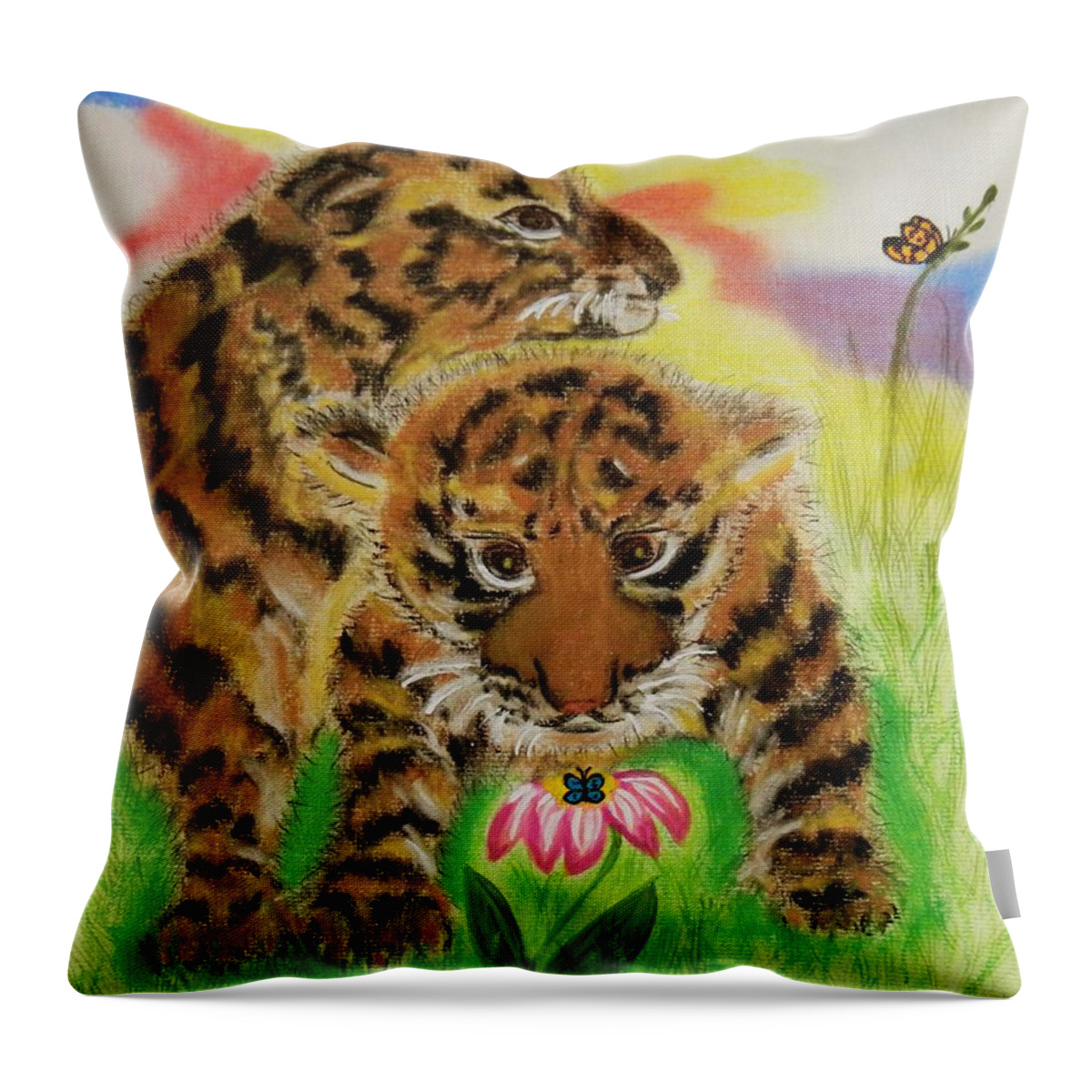 Tiger Cubs Playing Throw Pillow featuring the pastel Curiosity by Celeste Manning