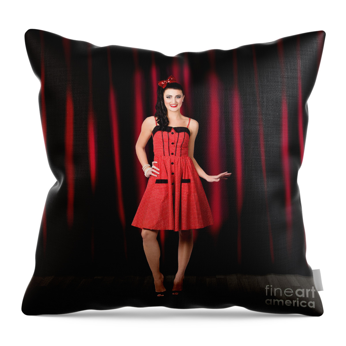 Stage Throw Pillow featuring the photograph Dancing woman wearing retro rockabilly dress #1 by Jorgo Photography