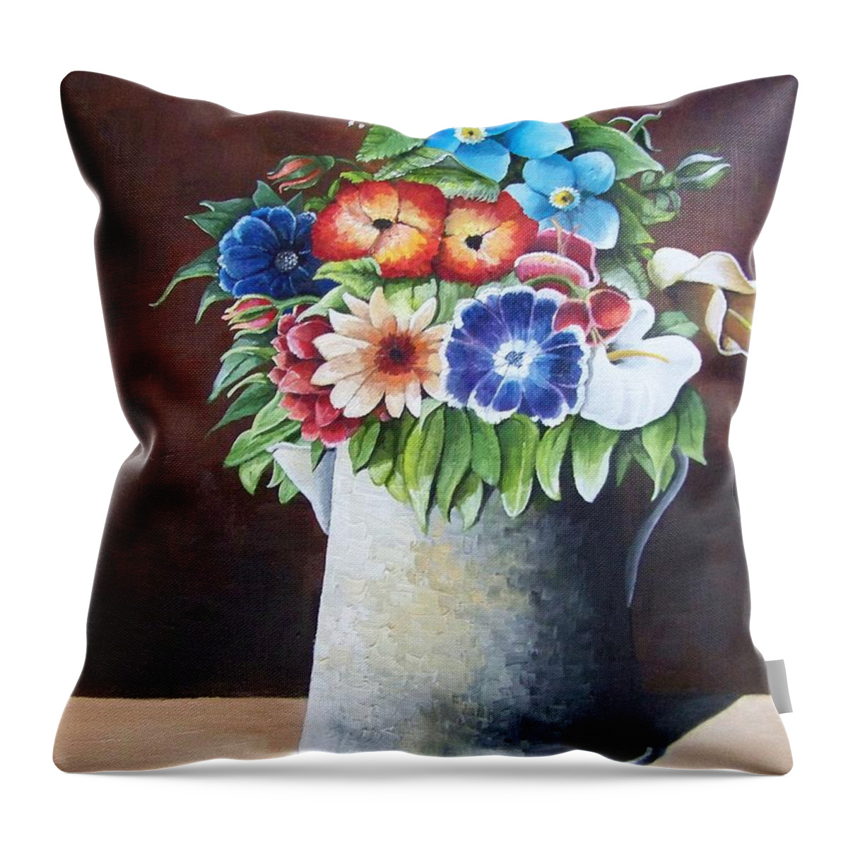 A Metal Watering Can With Numerous Type Of Flowers Throw Pillow featuring the painting Deanne's Flower Pot by Martin Schmidt