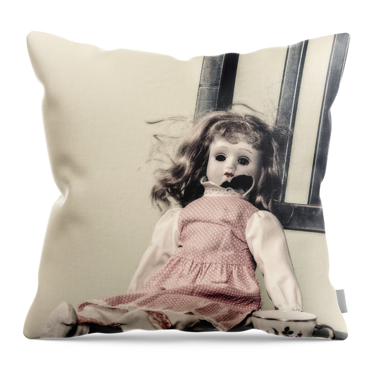 Doll Throw Pillow featuring the photograph Doll With Tea Cup #1 by Joana Kruse